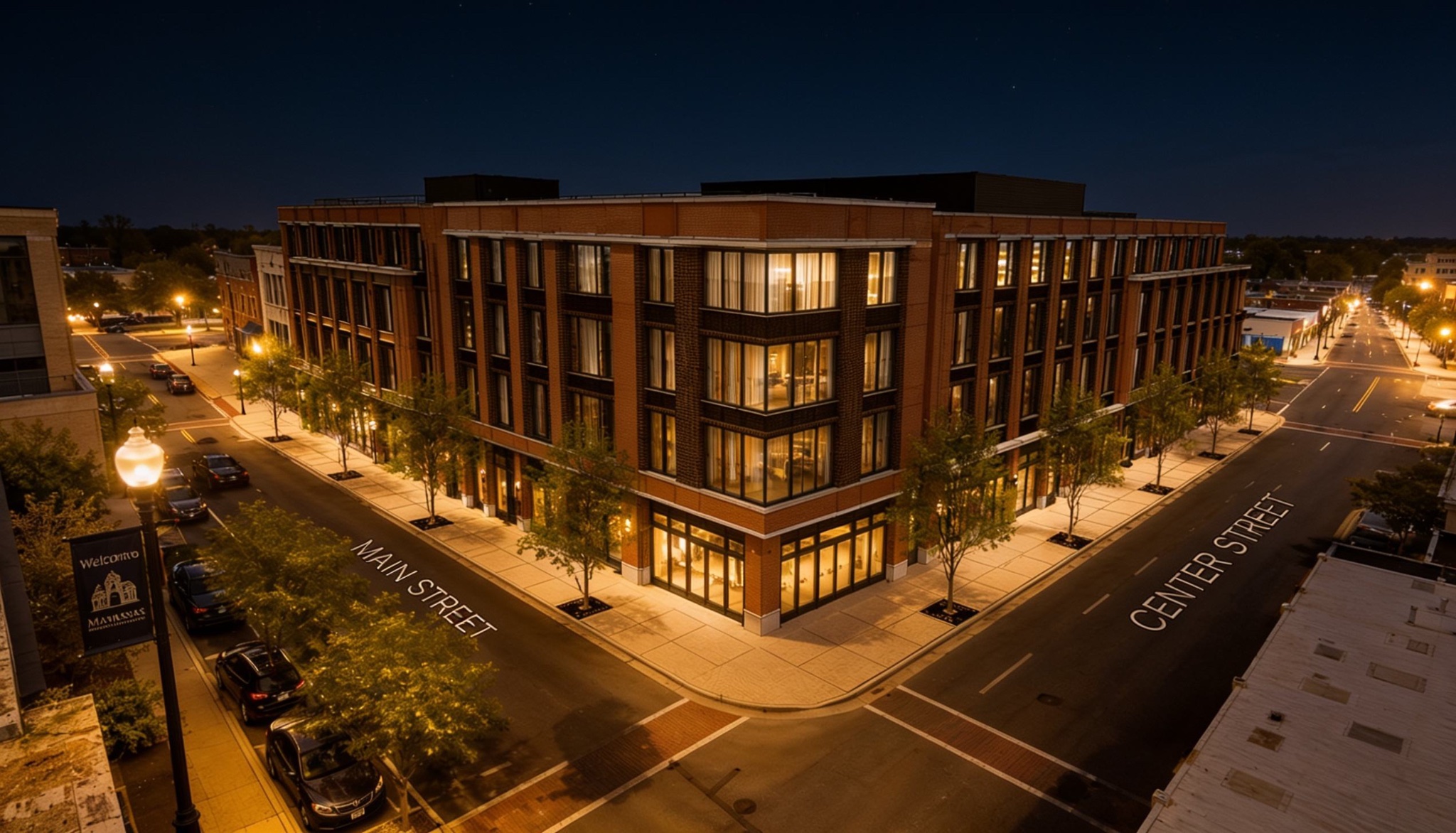 CenterST Manassas street-level rendering at night